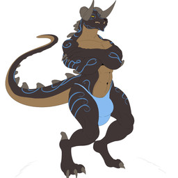 anthro big_bulge bulge clothed clothing crossdressing crossed_arms horn male muscular muscular_anthro muscular_male solo standing underwear pillowymounds fallout microsoft deathclaw scalie 1:1 hi_res