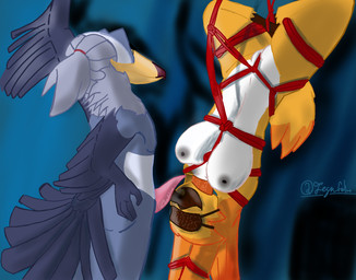anthro arms_tied bdsm beak black_beak black_beak_tip black_nipples blindfold blue_body blue_feathers bondage bound breasts collar duo feathered_tail feathers female genitals hand_on_hip hanging_upside_down harness male male/female nipples non-mammal_breasts non-mammal_nipples orange_body orange_feathers penis penis_on_beak red_harness tail tapering_penis text upside_down white_body white_feathers yellow_beak yellow_body yellow_feathers legu_lefelin amber_(catastic96) sabos_shoebill avian bird caique neotropical_parrot parrot pelecaniform shoebill true_parrot white-bellied_caique artist_name hi_res shaded signature