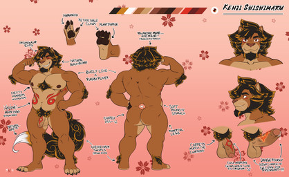anthro balls beard bodily_fluids body_hair brown_body brown_fur chest_hair erection facial_hair foreskin fur genital_fluids genitals humanoid_genitalia male mane markings musclegut muscular muscular_anthro muscular_male penis plantigrade precum solo text shishibro asian_mythology east_asian_mythology japanese_mythology mythology kenji_shishimaru felid foo_dog komainu lion mammal pantherine yokai absurd_res english_text hi_res model_sheet