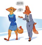 3_toes anthro barefoot business_attire canid canine claws clothing countershading crossover dialogue diane_foxington dipstick_ears disney dreamworks duo ear_markings english_text fan_character feet female footwear fox hands_behind_back inner_ear_fluff mammal megan_fawkes multicolored_ears pawpads paws red_fox ruffu shoes simple_background text the_bad_guys toe_claws toes true_fox tuft walking zootopia