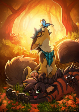 autumn autumn_leaves black_ears black_hair black_pawpads black_stripes blue_hair countershade_neck countershade_torso countershading day detailed_background eyes_closed feral fluffy fluffy_tail forest fur glistening glistening_eyes glistening_hair glistening_pawpads glistening_tongue grass green_eyes group hair leaf light_pawpads looking_up lying nature nature_background on_grass open_mouth orange_body orange_fur outside pawpads paws plant quadruped red_pawpads red_tongue shrub sitting smile stripes tail text tongue tree trio white_body white_countershading white_fur year yellow_body yellow_fur magenta7 arthropod butterfly canid canine fox insect lepidopteran mammal 2021 artist_name dated digital_media_(artwork) digital_painting_(artwork) hi_res orange_theme painting_(artwork) shaded