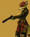 anthro belt biped bottomwear breasts clothed clothing female fully_clothed gun hair holding_gun holding_object holding_ranged_weapon holding_weapon pants ranged_weapon red_hair shirt silencer solo standing topwear weapon thekyleishere canid canine fox mammal 2013