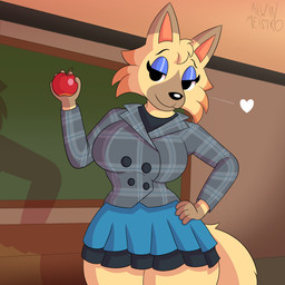 anthro apple big_breasts biped black_clothing black_shirt black_topwear blue_bottomwear blue_clothing blue_eyeshadow blue_skirt bottomwear breasts brown_body brown_fur chalkboard classroom clothing eyelashes eyeshadow facial_tuft female fingers food front_view fruit fur glistening_eyelids grey_clothing grey_jacket grey_topwear half-closed_eyes hand_on_hip heart_symbol holding_apple holding_food holding_fruit holding_object humanoid_hands inside jacket long_eyelashes looking_at_viewer makeup narrowed_eyes plant pose school shirt skirt smile solo standing tail tan_body tan_fur teacher text topwear tuft alwinmeistro animal_crossing nintendo vivian_(animal_crossing) canid canine canis mammal wolf 1:1 absurd_res artist_name colored hi_res portrait shaded three-quarter_portrait