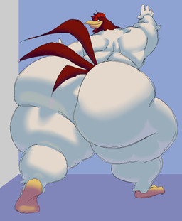 anthro beak big_butt butt butt_focus feathers huge_butt looking_at_viewer looking_back looking_back_at_viewer male rear_view red_body red_feathers smile solo tail tail_feathers toony two_tone_furniture white_body white_feathers gayben96 looney_tunes warner_brothers foghorn_leghorn avian bird chicken galliform phasianid digital_media_(artwork) hi_res
