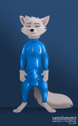 3_toes 4_fingers anthro biped bulge clothed clothed_anthro clothed_male clothing feet fingers front_view fur latex latex_clothing latex_skinsuit male simple_background skinsuit solo standing tail tight_clothing toes white_body white_fur white_tail letodoesart leto_(letodoesart) canid canine fox mammal 2024 digital_drawing_(artwork) digital_media_(artwork) hi_res