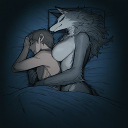 anthro arm_tuft bed bedding bedding_background blanket breasts duo elbow_tuft female female_on_human fur furniture grey_body grey_fur hair high-angle_view human_on_anthro interspecies lying male male_on_anthro neck_tuft nude on_side pillow sleeping smile snout spooning tuft under_covers unknown_artist canid canine canis human mammal wolf 1:1