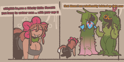 2_panel_comic black_bottomwear black_clothing body_modification bottomwear breasts brown_hair brown_tail cleavage clothed clothing dipstick_tail female flower grey_clothing grey_topwear group hair looking_at_another markings plant size_difference speech_bubble substance_intoxication tail tail_markings talking_to_another text topwear trio vines white_tail_tip xenopavilia human_domestication_guide affini elemental_creature flora_fauna human mammal 2026 comic english_text trans_(lore) trans_woman_(lore)