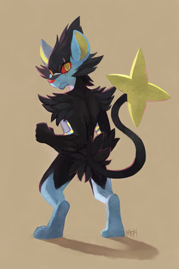 anthro arm_tuft black_body black_fur blue_body blue_fur cheek_tuft digitigrade eye_scar facial_scar facial_tuft feet fist frown fur head_tuft hindpaw looking_at_viewer looking_back looking_back_at_viewer male nude paws pokemorph raised_tail red_nose red_sclera scar shoulder_tuft simple_background snout solo standing tail tan_background tuft yellow_eyes yellow_inner_ear darmp nintendo pokemon generation_4_pokemon luxray pokemon_(species) 2014 2:3 digital_media_(artwork) digital_painting_(artwork) full-length_portrait hi_res painting_(artwork) portrait shaded
