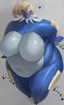 angry annoyed anthro anthrofied armor belly big_belly big_breasts blue_body blue_skin blush bodily_fluids breasts claws featureless_breasts female glistening glistening_body glistening_skin gradient_background grey_background hand_on_hip headgear heart_symbol helmet huge_breasts huge_thighs nude obese obese_anthro obese_female overweight overweight_anthro overweight_female pokemorph red_eyes simple_background solo sweat text thick_thighs thought_bubble vein veiny_breasts veiny_skin wet wide_hips bellylliumu oruka0827 nintendo pokemon generation_5_pokemon pokemon_(species) samurott 2021 absurd_res digital_media_(artwork) hi_res japanese_text shaded