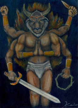 2_horns 6_arms biped bottomwear bracelet bulge circlet clothed clothed_humanoid clothed_male clothing dagger fist for_a_head front_view hands_together headgear holding_dagger holding_melee_weapon holding_object holding_sword holding_weapon horn humanoid_hands jewelry loincloth loincloth_only male male_humanoid melee_weapon multi_arm multi_limb muscular muscular_humanoid muscular_male navel necklace pecs praying simple_background solo standing sword topless topless_humanoid topless_male weapon sankosun asian_mythology east_asian_mythology japanese_mythology mythology gozu_tenno animal_head animal_humanoid bovid bovid_humanoid bovine bovine_humanoid deity humanoid mammal mammal_humanoid 2010 absurd_res acrylic_painting_(artwork) hi_res japanese_description painting_(artwork) signature traditional_media_(artwork) traditional_painting_(artwork)