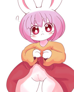 anthro blush blush_lines clothed clothing confusion female flat_chested fur genitals hair kemono long_ears looking_at_viewer mouth_closed orange_clothing pink_eyes pink_hair question_mark red_clothing simple_background solo vulva whiskers white_background white_body white_ears white_fur misumasu lagomorph leporid mammal rabbit 2022 character_request colored digital_drawing_(artwork) digital_media_(artwork) hi_res portrait shaded three-quarter_portrait