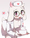 anthro cake clothing dessert eyewear food fur glasses heart_eyes heart_symbol holding_object horn male nurse nurse_clothing nurse_uniform pink_horn solo tail uniform white_body white_fur porygonleft deltarune undertale_(series) ralsei hi_res