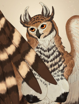 anthro areola beak big_areola big_breasts black_nipples breasts brown_body brown_feathers feathered_wings feathers female female_anthro front_view glistening glistening_eyes mouth_closed nipples orange_eyes simple_background solo white_body white_feathers wings scarlanya avian bird owl absurd_res bust_portrait hi_res huge_filesize portrait