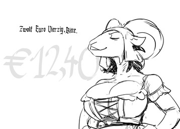 anthro barmaid big_breasts breasts cleavage clothed clothing dialogue eyes_closed female horn huge_breasts price solo text hladilnik goat_barmaid_(hladilnik) bovid caprine goat mammal 2025 black_and_white german_text hi_res monochrome translated
