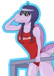 anthro clothed clothing eyewear female hair lifeguard long_snout muscular muscular_female pigtails purple_body purple_eyes simple_background snout solo unknown_artist cavemanon_studios goodbye_volcano_high snoot_game rosemary_(snoot_game) dinosaur humanoid prehistoric_species reptile scalie spinosaurid spinosaurus theropod absurd_res hi_res