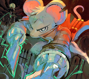 anthro attack building clothing cloud coat electric female frown gothic_architecture looking_at_viewer melee_weapon night notched_ear picket_fence solo spark_tower star sword topwear tower trenchcoat weapon garrett_hanna mina_the_hollower yacht_club_games mammal mouse murid murine rodent hi_res