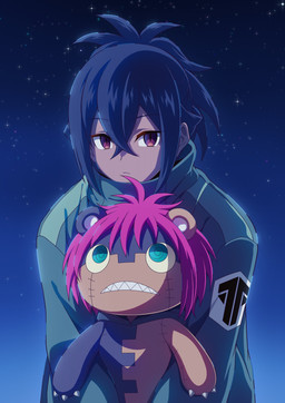 anthro black_hair duo hair hug male night pink_hair plushie sharp_teeth sky star starry_sky teeth bandai_namco digimon digimon_beatbreak granit_(digimon_beatbreak) animate_inanimate digimon_(species) human living_plushie ludomon mammal absurd_res hi_res official_art