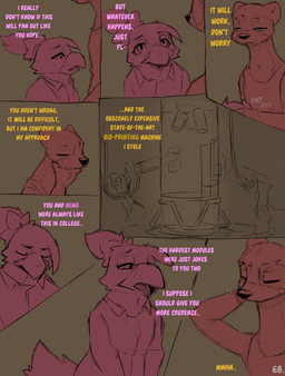 anthro comic_panel dialogue machine pink_text text yellow_text conditional_dnp dacad rebecca_(dacad) tyler_(dacad) avian domestic_ferret mammal mustelid musteline true_musteline weasel comic english_text hi_res restricted_palette
