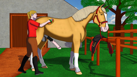 anatomically_correct anatomically_correct_genitalia anatomically_correct_penis animal_genitalia animal_penis balls barn big_penis blaze_(marking) blonde_hair blonde_mane boots bottomwear bridle brown_eyes brush brushing clothing cloud day duo equine_genitalia equine_penis erection eyebrows facial_markings female fence feral flared_penis footwear fur genitals grass hair halter head_markings hooves horizontal_pupils leg_markings male male/female mane markings medial_ring mount outside pants penis plant ponytail pupils quadruped rider saddle shirt shoes sky smile socks_(marking) stable tan_body tan_fur topwear tree unguligrade white_body szello equid equine horse human mammal 16:9 2022 digital_media_(artwork) hi_res signature widescreen