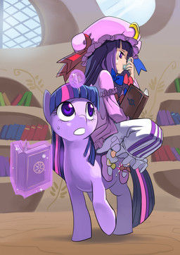 book clothed clothed_female clothed_human clothing duo female feral hair hat headgear headwear holding_book holding_object horn inhaler library magic pattern_clothing pink_clothing pink_hat pink_headwear purple_clothing purple_eyes purple_hair quadruped riding striped_clothing stripes telekinesis white_clothing riza23 friendship_is_magic hasbro my_little_pony mythology touhou patchouli_knowledge twilight_sparkle_(mlp) equid equine human mammal mythological_creature mythological_equine unicorn 2014 absurd_res crossover hi_res