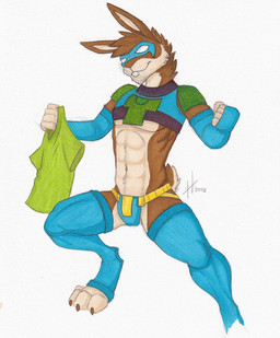 anthro armwear athletic athletic_anthro athletic_male blue_armwear blue_clothing blue_legwear blue_topwear brown_body brown_fur brown_hair cheek_tuft closed_smile clothing empty_eyes facial_tuft front_view fur green_clothing green_topwear hair holding_t-shirt legwear male male_anthro mask mouth_closed neck_tuft orange_body orange_fur short_hair simple_background smile solo topwear tuft wearing_mask white_background hufnaar lagomorph leporid mammal rabbit 2018 dated hi_res