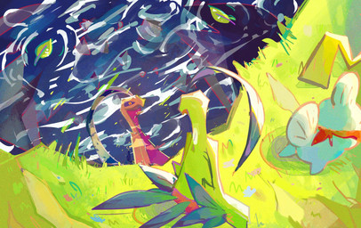 ambiguous_gender anthro bad_end black_sclera duo feral grass leaf male open_mouth plant reflection scarf standing water scribzag nintendo pokemon pokemon_mystery_dungeon spike_chunsoft dusknoir_(eotds) grovyle_the_thief generation_1_pokemon generation_3_pokemon grovyle mudkip pikachu pokemon_(species) 2026 digital_media_(artwork) digital_painting_(artwork) hi_res painting_(artwork)