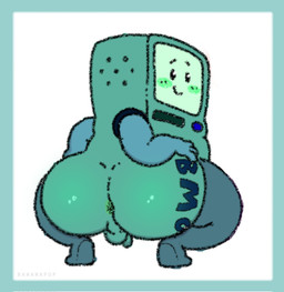 anus balls big_butt black_eyes blush body_writing butt crouching genitals green_body looking_at_viewer looking_back machine male not_furry penis presenting presenting_hindquarters rear_view screen screen_face shortstack shortstack_male small_balls small_penis smile solo thick_thighs three-quarter_view writing_on_butt bananapop adventure_time cartoon_network bmo mo_(adventure_time) robot 2025 digital_media_(artwork) hi_res