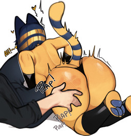 anthro big_butt blue_hair bob_cut bottomwear breasts butt butt_slap cat_tail clothing denim denim_bottomwear denim_clothing duo egyptian female female_focus fur hair hand_on_butt heart_symbol huge_butt jeans male male/female markings moan pants paws plap rear_view shaking shivering simple_background slap smacking_ass spank_marks_on_ass spanked_butt spanking spanking_focus striped_markings striped_tail stripes tail tail_markings white_background yellow_body yellow_fur samma animal_crossing nintendo ankha_(animal_crossing) domestic_cat felid feline felis mammal hi_res
