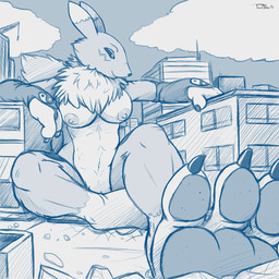 3_toes abs anthro areola armwear armwear_only barely_visible_genitalia barely_visible_vulva big_breasts biped black_sclera breasts bridal_gauntlets bridal_gauntlets_only building building_destruction cheek_markings city city_destruction cityscape claws closed_smile clothing cloud countershade_fur countershade_torso countershading crane_(machine) destruction detailed_background dipstick_ears ear_markings facial_markings feet female female_anthro finger_claws fingers foot_focus front_view fur genitals head_markings leg_markings looking_aside macro macro_anthro macro_female markings mostly_nude mostly_nude_anthro mostly_nude_female mouth_closed multicolored_ears neck_tuft nipples outside pawpads sitting sky smile socks_(marking) solo tail toe_claws toes tuft vulva yin_yang teaselbone bandai_namco digimon digimon_(species) renamon 1:1 2014 blue_and_white digital_drawing_(artwork) digital_media_(artwork) hi_res monochrome signature sketch
