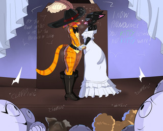 ambiguous_gender anthro audience being_watched belt black_body black_fur blonde_hair blue_eyes blush bodily_fluids boots bow_tie brown_body brown_fur cheering clapping claws clothed clothing crowd crying dialogue dress duo_focus ears_down emanata emotional eye_contact eyelashes fangs female feral footwear fur glistening glistening_body glistening_thighs green_eyes group hair hand_holding happy hat headgear headwear heart_symbol intraspecies looking_at_another looking_at_partner love male male/female open_mouth open_smile orange_body orange_fur pantsless pivoted_ears romantic romantic_couple shaking shoes side_view smile sound_effects stage standing tail tears teeth text thick_thighs topless wedding wedding_dress white_body white_clothing white_dress tayronnebr dreamworks puss_in_boots_(franchise) anon goldilocks_(puss_in_boots) kitty_softpaws perrito_(puss_in_boots) puss_in_boots_(dreamworks) canid canine canis chihuahua domestic_cat domestic_dog felid feline felis human mammal tabby_cat toy_dog tuxedo_cat unknown_species english_text hi_res