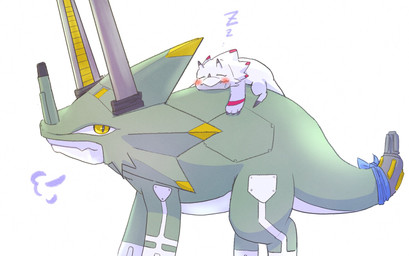 ambiguous_gender anthro blue_kerchief blush claws duo eyes_closed feral green_body gun horn kerchief male quadruped ranged_weapon sigh simple_background size_difference sleeping sleeping_on_another sound_effects tail tail_gun vowelless vowelless_sound_effect weapon weapon_tail white_background white_body yellow_eyes zzz oko_konoko2 bandai_namco digimon digimon_(species) gammamon wezengammamon hi_res
