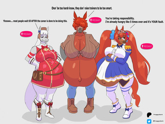 anthro big_breasts blouse boots bow_tie breasts brown_body brown_fur clothing dialogue dress female footwear fur group hair hand_on_belly hand_on_hip huge_breasts hyper hyper_pregnancy legwear long_hair orange_hair pregnant saddle_bag shoes simple_background status_effect stockings text topwear trio white_body white_fur white_hair preggyshork cygames uma_musume_pretty_derby daiwa_scarlet_(pretty_derby) gold_ship_(pretty_derby) equid equine horse mammal english_text hi_res