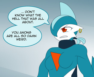 crossgender dialogue ear_piercing female grumpy not_furry piercing red_eyes solo speech_bubble text shadowscarknight nintendo pokemon athena_(shadowscarknight) fan_character gallade generation_4_pokemon humanoid pokemon_(species) shiny_pokemon english_text low_res