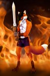 anthro black_claws claws clothing dipstick_tail eyebrows fire fur gladiator hair iron male markings melee_weapon multicolored_body multicolored_fur solo sword tail tail_markings talisman warrior weapon rusudan_almazova_(artist) tayrush_(character) canid canine fox mammal red_fox true_fox hi_res