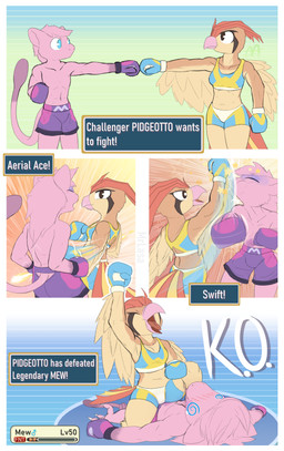anthro boxing boxing_attire boxing_gloves boxing_shorts clothing face_punch female handwear knockout male on_top spiral spiral_eyes sport text unconscious masteroflasagna nintendo pokemon eldrit_mew_(zsword) generation_1_pokemon legendary_pokemon mew_(pokemon) pidgeotto pokemon_(species) absurd_res comic english_text hi_res