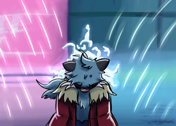 ambiguous_gender angry anthro black_body black_ears black_fur blue_background blue_body blue_fur blue_hair chest_tuft city city_background clothing coat fluffy fur hair harsh_lighting head_tuft hidden_eyes looking_down pink_background pink_nose pokemorph ponytail red_clothing red_coat red_topwear simple_background solo sparks tan_clothing text topwear tuft water whiskers white_whiskers psykwol nintendo pokemon sprig_dynamo_(psykwol) dewott generation_5_pokemon pokemon_(species) artist_name signature nonbinary_(lore)