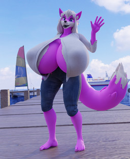 anthro big_breasts black_lips black_tongue blue_eyes breasts cleavage_cutout clothed clothing cutout docks ear_piercing ear_ring female fur gesture hair huge_breasts hyper hyper_breasts lips looking_at_viewer piercing pink_body pink_fur ring_piercing sea solo tongue water waving waving_at_viewer white_body white_fur white_hair coolboy01fa valorlynz_(modeler) yuni_hermit canid canine canis mammal wolf 3d_(artwork) digital_media_(artwork) hi_res