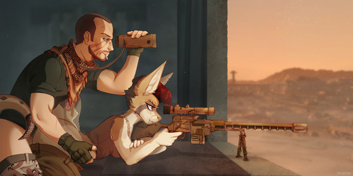 ambiguous_penetration anthro anthro_penetrated blush blush_lines duo facial_hair female female_anthro female_on_human gun human_on_anthro human_penetrating human_penetrating_anthro interspecies male male/female male_human male_on_anthro penetration penile penile_penetration ranged_weapon rifle sex sniper_rifle weapon amarihel fallout microsoft jason_chase sierra_(certifiedhyena) human mammal night_stalker_(fallout) hi_res