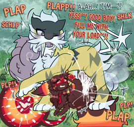 abdominal_bulge animal_genitalia animal_penis balls begging_for_cum blush bodily_fluids brown_body brown_fur brown_hair color_coded_text crossbar_emanata cum cum_from_vagina cum_in_vagina cum_inflation cum_inside cutaway cute_fangs dialogue duo emanata erection excessive_cum excessive_genital_fluids fangs female female_feral female_penetrated feral feral_on_feral feral_penetrated feral_penetrating feral_penetrating_feral fur genital_fluids genitals grey_eyes hair heart_eyes heart_symbol impregnation inflation knot knotted_penis larger_feral larger_male long_fangs male male/female male_feral male_penetrating male_penetrating_female multicolored_ears multicolored_pawpads necktie one_eye_closed open_mouth outside_sex ovum ovum_with_heart pawpads penetration penis red_necktie sex size_difference smaller_female smaller_feral smaller_penetrated sperm_cell spread_legs spreading tail tan_body tan_fur teeth text vaginal vaginal_penetration vulva white_body white_fur yellow_body justiceposting nintendo pokemon kira_(justiceposting) phalanx_(unearthedchuain) eeveelution generation_2_pokemon legendary_pokemon pokemon_(species) raikou umbreon 2024 absurd_res digital_media_(artwork) english_text hi_res