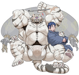 abs anthro arm_scar armpit_hair army_outfit army_uniform asian_clothing balls barazoku big_balls big_bulge big_muscles big_pecs big_penis body_hair boots bottomwear bulge carrying_another carrying_partner chest_hair clothed clothing dog_tags east_asian_clothing eye_scar facial_scar family footwear fundoshi fundoshi_only fur gay_dads genitals group hairy heart_symbol holding_partner huge_balls huge_bulge huge_muscles huge_pecs huge_penis human_on_anthro interspecies jacket japanese_clothing larger_anthro larger_male male male/male military multicolored_body multicolored_fur muscular muscular_anthro muscular_male nipples pants pattern_bottomwear pattern_clothing pattern_pants pecs penis pubes romantic romantic_couple scar shirt shoes size_difference smaller_anthro smaller_human smaller_male soldier striped_body striped_fur stripes tail topless topless_male topwear trio underwear underwear_only uniform warrior white_body white_fur chan_kiti_chan felid human mammal pantherine tiger father_(lore) father_and_child_(lore) father_and_son_(lore) parent_(lore) parent_and_child_(lore) parent_and_son_(lore) son_(lore)