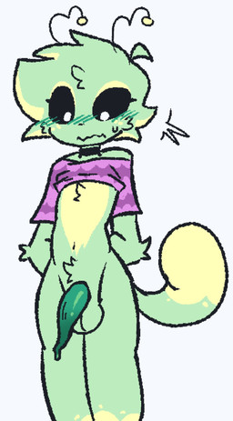 antennae_(anatomy) balls black_sclera blush chest_tuft choker clothed clothing clothing_lift countershading embarrassed femboy freckles genitals green_blush green_body green_penis jewelry leaking navel necklace penis shirt shirt_lift shy simple_background solo standing tail tapering_penis topwear tuft unusual_anatomy unusual_genitalia unusual_penis weirdenned zeke_(weirdenned) alien 2026 hi_res