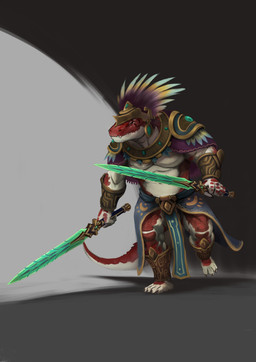 4_fingers 4_toes action_pose anthro armor belly belt bottomwear clothing countershade_torso countershading feathered_headdress feet fingers gem greaves headgear helmet holding_object holding_weapon loincloth male melee_weapon pauldron pecs pose red_body red_scales scales solo standing toes vambrace weapon white_body inhus_art lizardman scalie absurd_res hi_res model_sheet