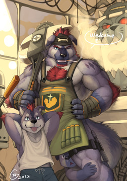 5_fingers anthro barazoku biceps black_nose body_hair chest_hair chest_tuft cigarette claws clothed clothing facial_hair fingers fur group male muscular muscular_male one_eye_closed open_mouth smoke smoking teeth tongue tongue_out tuft young null-ghost canid canine canis domestic_dog mammal 2015