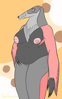 anthro big_breasts big_nipples breasts cellulite circle claws female fur genitals grey_body grey_fur hand_on_hip long_claws long_snout mature_anthro mature_female nipples overweight overweight_anthro overweight_female pattern_background red_body red_eyes red_fur simple_background smile snout solo standing thick_thighs vulva yellowcrocodile anteater mammal pilosan xenarthran absurd_res hi_res