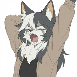 anthro black_nose blue_body blue_fur blue_hair female fur hair khaki_clothing medium_hair open_mouth simple_background solo stretching tired white_body white_fur white_hair eneki_sei 1:1