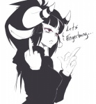 black_hair breasts clothed clothing curled_horn female gesture glowing glowing_eyes hair hand_gesture horn innuendo long_hair looking_away middle_finger red_eyes side_view solo sweater text topwear turtleneck stickysheep sticky_(stickysheep) animal_humanoid bovid bovid_humanoid caprine caprine_humanoid humanoid mammal mammal_humanoid sheep_humanoid 2014 black_and_white english_text half-length_portrait monochrome portrait spot_color