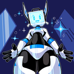 blush looking_at_viewer low-angle_view machine male open_mouth open_smile screen screen_face simple_background smile solo baronflint camelot_(baronflint) humanoid robot robot_humanoid 1:1