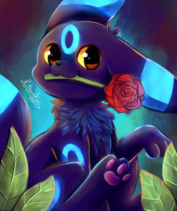 3_toes :3 ambiguous_gender black_body black_fur black_nose blessed_image blue_body blue_fur blue_markings cat_smile cute_fangs detailed_background fangs feet feral flower flower_in_mouth fur fur_markings glowing glowing_markings heart_after_name heart_after_signature heart_after_text heart_before_name heart_before_signature heart_before_text heart_symbol leaf looking_at_viewer markings neck_tuft object_in_mouth pawpads paws pink_pawpads plant red_flower rose_(flower) sitting solo tail teeth text toes tuft yellow_sclera kitsuakari nintendo pokemon umbreon_day eeveelution generation_2_pokemon pokemon_(species) shiny_pokemon umbreon 2021 artist_name dated hi_res icon signature