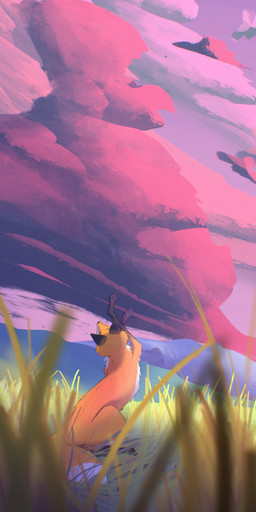 ambiguous_gender cloud detailed_background feral field fur grass mountain nature nature_background outside paws plant sitting solo sunset tail fluffbolds canid canine fox mammal red_fox true_fox absurd_res digital_media_(artwork) digital_painting_(artwork) hi_res painting_(artwork)
