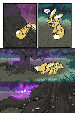 4_panel_comic ambiguous_gender balloon balloon_with_face black_nose black_text bodily_fluids brown_body dialogue duo empty_eyes exclamation_point eyebrows feral floating forest fungus green_eyes inflatable jewelry mushroom nervous nervous_sweat open_mouth open_smile outside page_number paws pendant plant purple_body roots shrub smile solo_focus speech_bubble sweat tail talking_to_another text toony tree white_eyes white_sclera virmir roko_kirihoko canid canine fox mammal spirit 2026 2:3 absurd_res comic english_text hi_res